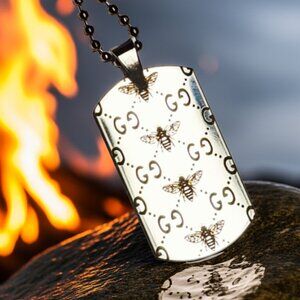 Silver GUCCI Bee Dog Tag Pendant | Luxury Streetwear Statement Pendant